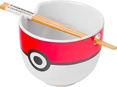 Silver Buffalo Pokemon Pokeball Ceramic Ramen Noodle Bowl with Chopsticks, Microwave Safe, 20 Ounces