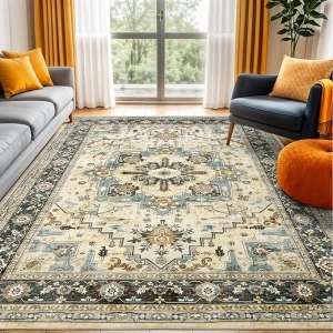 Large Area Rug for Living Room 5x7 - Machine Washable Soft Vintage Rug Oriental Boho Area Carpet Thin Farmhouse Rugs Non Slip Floor Rug Low Pile Rug for Bedroom Dorm Office House Decor