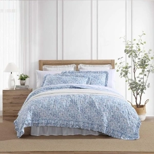 Laura Ashley - Twin Quilt Set, Premium Microfiber Bedding with Matching Sham, Floral Home Decor with Ruffle Embellishments (Quartet Ruffled Blue, Twin)