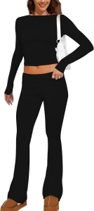 Womens 2 Piece Lounge Sets Outfits Casual Long Sleeve Cropped Tops and Fold Over Flare Yoga Pants Skims Pajama Set