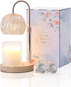 DAWALIGHT Candle Warmer Lamp, Adjustable Height Dimmable Candle Warmer with Timer, Candle Lamps Top-Down Light Heat Melting Wax with 2 Bulbs & Wooden Base for Home Decor Rose Gold