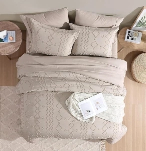 Queen Comforter Set 7 Pieces, Boho Tufted Bedding Comforter Sets for All Seasons, Bed in a Bag Queen with Comforter, Flat Sheet, Fitted Sheet, Pillowcases and Shams (Taupe, 90'' x 90'')