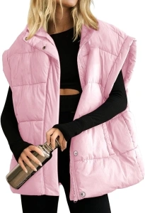 Songling Womens Oversized Puffer Vest Stand Collar Full Zip Sleeveless Bubble Puffer Vest Quilted Padded Warm Coat Outwear