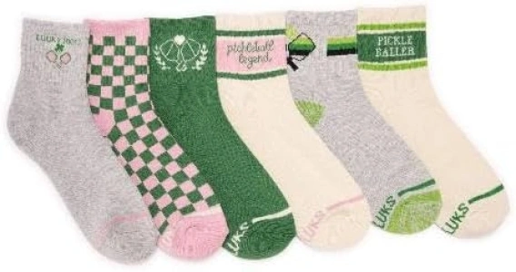 MUK LUKS Women's 6 Pack Pickleball Quarter Crew Socks, Pink/Green, OS