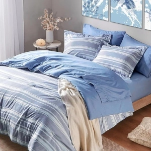 Queen Size Comforter Sets with Sheets, Modern Blue and White Striped Bed in a Bag, 7-Piece Complete Bedding Set Including Reversible Comforter, 2 Sheets, Pillowcases & Shams