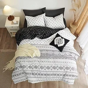 Geniospin Full Size Comforter Sets 8 Piece, Reversible Boho Comforters Sets, All Season Comfortable Bedding Set, Bed in A Bag with Comforter, Sheets, Pillowcases & Shams (White and Black, 80