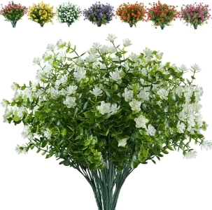 8 Bundles Artificial Flowers Fake Boxwood Shrubs UV Resistant No Fade Faux Greenery Plastic Lotus For Home Garden Hanging Planter Indoor Outdoor Porch Patio Office Wedding Decoration(Off-White)