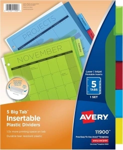 Avery Dividers for 3 Ring Binders, 5-Tab Binder Dividers, Plastic Binder Dividers, Insertable Big Tabs, Multicolor, 1 Set (11900)