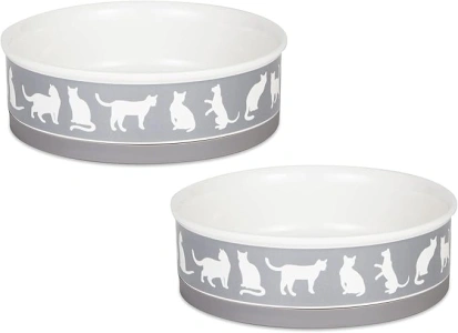 Bone Dry Ceramic Cat Bowls for Food & Water Microwave & Dishwasher Safe, Non-Skid Bottom, Large Set, 7.5x2.4, Gray, 2 Count