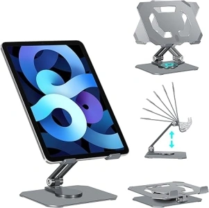 Arae Tablet Stand Holder for Desk, 360°Rotating Adjustable Aluminum Portable Stand Holder Desktop Foldable Dock Heavy Duty Compatible with iPad 7/8/9/10th,iPad Air 6/5/4,iPad Pro 11/12.9,Gray