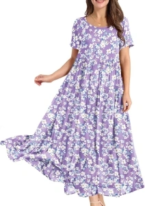 YESNO Women Casual Loose Bohemian Floral Dress with Pockets Short Sleeve Long Maxi Summer Beach Swing Dress EJF