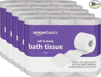 Amazon Basics Soft and Strong 2-Ply Toilet Paper, 30 Ultra Rolls = 120 Regular Rolls, Unscented, 340 Sheet (30 Rolls)