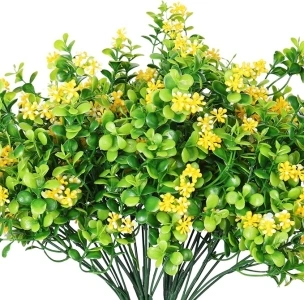 RECUTMS 6 Bundles Artificial Plants Outdoor Fake Flowers UV Resistant Faux Greenery Shrubs Fake Plastic Boxwood for Farmhouse Home Garden Wedding Indoor Outside Decor （Yellow）