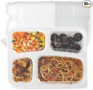 Meal Prep Container, 40 Pack White 4 Compartment To Go Containers Reusable BPA-Free Microwave Safe Food Storage Bento Box with Lids 34 oz