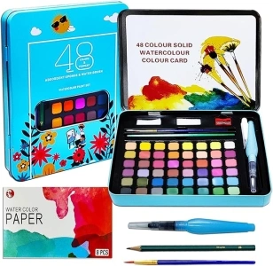 JUNQIU Watercolor Paint Set, 48 Colors in Portable Box Water Color Sets-Brushes, Water Brush Pens, Watercolor Papers, and Sponges-Art Gift for Adults, Kids, Artists and Beginner