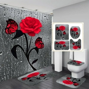 4 Pcs Bathroom Shower Curtain Set Red Rose Shower Curtain Bathroom Sets Valentine's Day Shower Curtain Sets with Rugs(Bath Mat,U Shape and Toilet Lid Cover Mat) and 12 Hooks