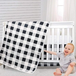 Brandream White Black Nursery Bedding Buffalo Plaid Neutral Baby Bedding 3 Piece Patchwork Blanket Set, Fitted Sheet, Crib Skirt