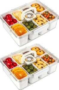 Large Divided Serving Tray with Timer and Handle Versatile Serving Tray Portable 8-Compartment Snackle Box for Snacks, Fruit, Nuts, Candy, Cracker, Crisps, Entertaining