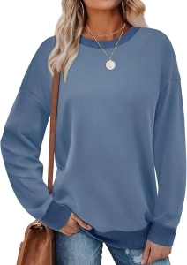 Saloogoe Sweatshirts for Women Crewneck Long Sleeve Loose Fit Tops Color Block Ribbed Trim Fashion 2024