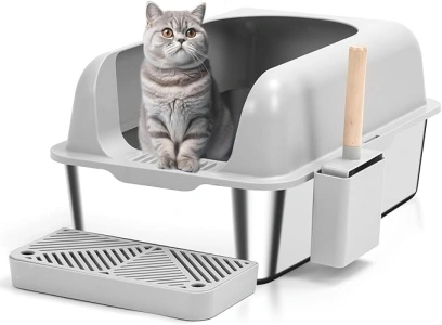 Enclosed Stainless Steel Cat Litter Box with Lid Extra Large Litter Box for Big Cats XL Metal Litter Pan Tray with High Wall Sides Enclosure, Non-Sticky, Anti-Leakage, Easy Cleaning