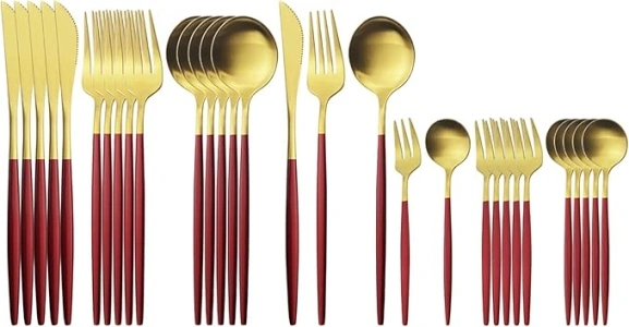 30-Piece Dinner Knife Fork Spoon Salad Fork Teaspoon Set With Red Handle 18/0 Stainless Steel, For 6 (Matte Red Gold)