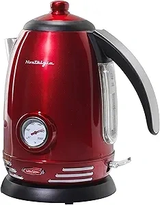 Nostalgia Retro Stainless Steel Electric Tea And Water Kettle, 1.7 Liters, Auto-Shut Off & Boil-Dry Protection, Water Level Indicator Window, Red