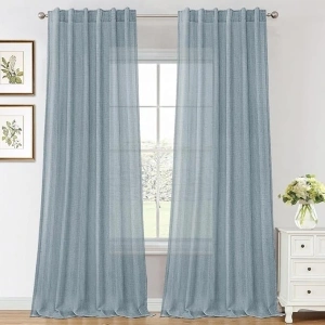 FantasDecor Linen Curtains 84 inch Length for Living Room Back Tab Rod Pocket Light Filtering Window Panels Country Farmhouse Drapes, 2 Panels, Stone Blue