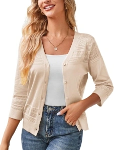 GRACE KARIN Women's 2024 Cropped Cardigan 3/4 Sleeve Lightweight Crochet Shrug Hollowed-Out Knit Sweater Tops