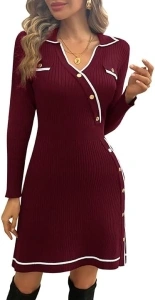 Kate Kasin Women's Ribbed Knit Sweater Dress Long Sleeve V Neck Mini Dress 2024 Fall