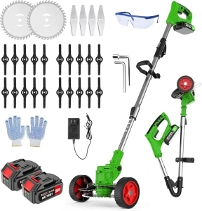 Electric Cordless Weed Wacker, 2.0Ah 24V Battery Powered Weed Eater, Foldable Lightweight Weed Wacker with Wheels, 3 and 1 Grass Trimmer/Wheel Edger/Brush Cutter for Yard Lawns Garden (Green)