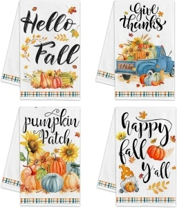 Fall Kitchen Towels Sets of 4 - Autumn Fall Dish Towels Dishcloths - Fall Hand Towels Bathroom Thanksgiving Tea Towel - Buffalo Plaid Pumpkin Gnome Farmhouse Theme Decorative Quick Dry Microfiber