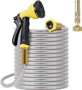 FOXEASE Metal Garden Hose 100FT - Stainless Steel Heavy Duty Water Hose with Solid Metal Nozzle & 8 Function Sprayer, Portable & Lightweight Kink Free Yard Hose, Outdoor Hose