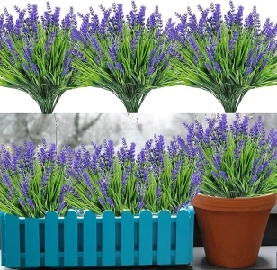 12 Bundles Artificial Plants Outdoor Fake Monkey Grass with Flowers Faux Greenery Fake Shrubs for Garden Patio Porch Window Box Home Indoor Farmhouse Hanging Planter Décor (Purple)