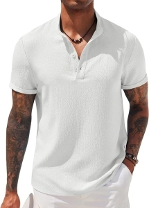 COOFANDY Men's Casual Henley Tee Shirt Band Collar Short Sleeve Summer Beach Hippie T Shirts