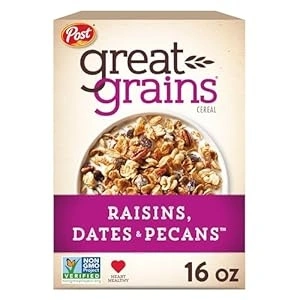 Great Grains Raisins Dates and Pecans Breakfast Cereal, Raisin Cereal with Sweet Dates and Granola Clusters, Non-GMO Project Verified, 16 OZ Box