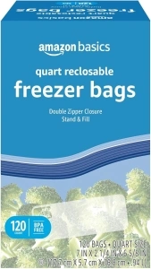 Amazon Basics Reclosable Freezer Quart Bags, Stand & Fill Base, 120 Count