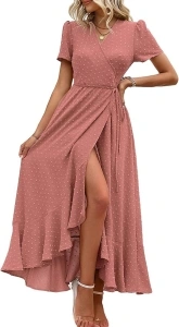 PRETTYGARDEN Women's Summer Wrap Maxi Dress Casual Boho Floral V Neck Short Sleeve Ruffle Hem Split Beach Long Dresses