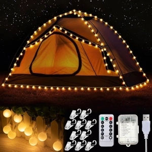 Enhon Camping String Lights, 35 Ft Camping Lights with 64 Globe LED, 10 Curtain Clips, Camp String Lights, 8 Modes, 2 in 1 Power Supply, IP65 Waterproof Camping Lights Outdoor for Tent, Hiking