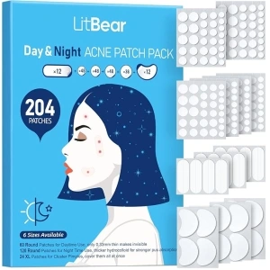 LitBear Acne Pimple Patches- Day and Night 6 Sizes 204 Dots Thin & Thick Hydrocolloid Patches with Witch Hazel, Tea Tree & Calendula Oil, Extra Adhesion for Face Zit Patch Dots