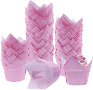 100Pcs Greaseproof Paper Muffin Liners，Tulip Cupcake Liners，Baking Liners，Premium Baking Cups Cupcake Wrappers for party,Weddings, Birthdays(pink)