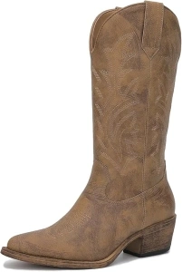 GLOBALWIN Women's Mid Calf Western Cowboy Boots Cowgirl Boots for Women with Floral Embroidery Side Zipper Chunky Heel