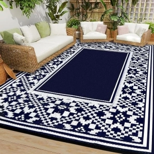 Outdoor Rugs for Patio Clearance - 5'x8' Waterproof Reversible Indoor Outdoor Rug Carpet, Portable Outdoor Plastic Straw Rug for RV Camping, Picnic, Beach, Porch, Deck(05#, Navy&White)