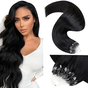 LaaVoo Microlink Hair Extensions Human Hair Jet Black Micro Link Hair Extensions Human Hair Silky Straight Microbead Hair Extensions for Black Women Micro Beads Hair Extensions 18