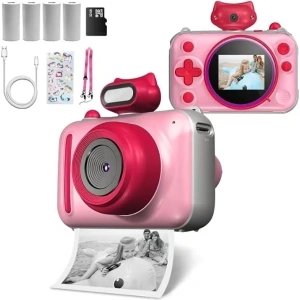 Kids Camera Instant Print, 48 MP Selife Digital Camera with 2.5K Video,Mini Portable Camera Toy for Kids with 32 GB Card, Birthday Xmas Gift for 3-12 Year Old Girls Boys,Pink