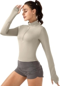 Crop Tops Women's Long Sleeve Workout Shirt with Half Zip Closure, Slim Fit, and Buttery-Soft Fabric
