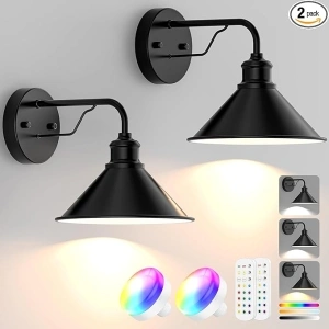 Battery Operated Wall Sconces Set of 2, Rechargeable Wall Lights with Dimmable RGB Bulbs & Remote, Wireless Wall Lamps for Bedroom Living Room (Black)