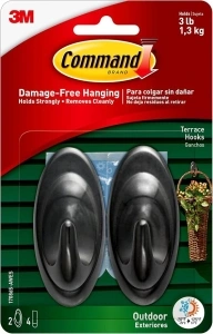 Command Outdoor Medium Terrace Hooks, Black, 3 lb Capacity, Water-Resistant Strips, 2-Hooks, 4-Strips, Decorate Damage-Free