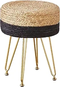 Wimarsbon Pouf Ottoman Handmade Natural Water Hyacinth Footrest with 4 Metal Legs Round Vanity Stool for Bedroom, Hallway, Living Room (Natural Water Hyacinth & Black Corn Husk + Gold Legs)