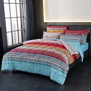 Bohemian Bed in a Bag 7 Pieces King Size, Colorful Boho Style Red and Blue Printed, Reversible Comforter Set (1 Comforter, 1 Flat Sheet, 1 Fitted Sheet, 2 Pillow Shams, 2 Pillowcases) (King, A)