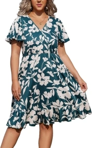 Women Plus Size Ruffle Short Sleeve Dress Floral Printed Summer V Neck Casual High Waist Mini Dress